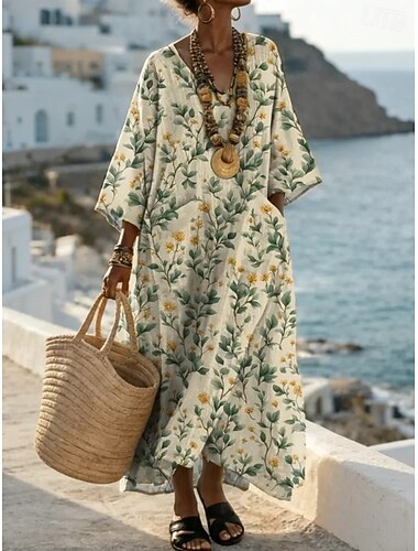  Femmes Robe maxi Robe fourreau Vacances Occasionnel Plage Sortir Coupe Ample Fleuri Graphique manche longue Col en V Bleu marine Rose Claire Beige Été Printemps