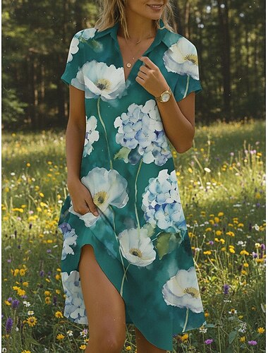  Damen Knielanges Kleid Freizeitkleid Blumenkleid Druckkleid Vintage Klassisch Outdoor Urlaub Ausgehen Normale Passform Blumen Kurzarm Hemdkragen Grün Sommer Frühling