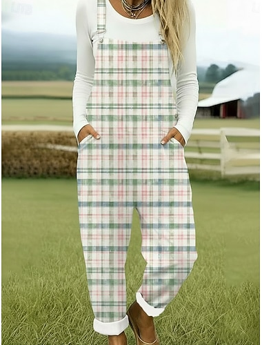  בגדי ריקוד נשים באופן כללי פעיל משובץ ללא שרוולים בלי שרוולים צווארון מרובע כיס דפוס יומי חופשה מונח בצורה רפויה ורוד מסמיק תלתן קיץ