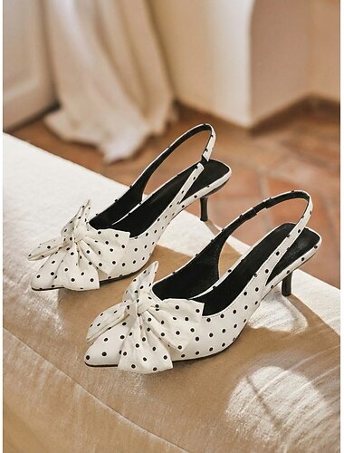  Women's White Polka Dot Slingback Pumps - 1950s Retro Vintage Style Pointed Toe Kitten Heels with Large Bow Accent for Weddings, Garden Parties & Daily Elegance