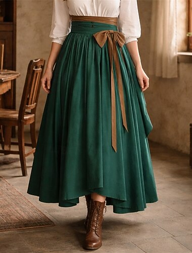  Vitoriano Medieval Renascentista Longuette Saia Pirata Côr Sólida Linha A Fantasia Mulheres Pirata Dia Das Bruxas Carnaval feira renascentista LARP Adulto Saia