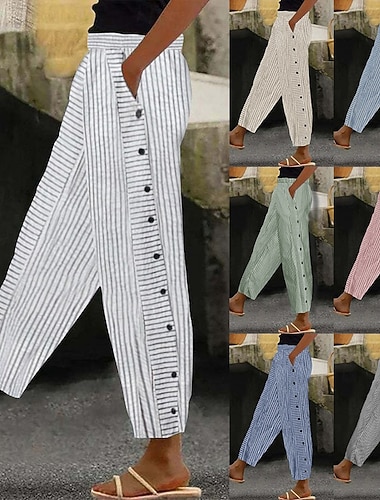  Dame Imitert bomullslin kinesisk Sommerbukser Rett Grunnleggende Fritid Full lengde Høy Midje Stripet Lomme Elastisk midje Printer comfy Myk Bekvem Elastisk Daglig utendørs Gate Svart Hvit Kongebl