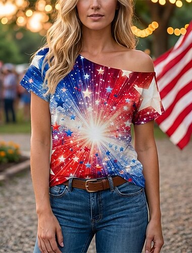  الذكرى السنوية الـ 250 للولايات المتحدة الأمريكية عتيق / معتق الثمانينات تي شيرت كتف واحد أكمام قصيرة ملابس تنكرية نسائي 4 يوليو يوم الاستقلال للبالغين T-skjorte