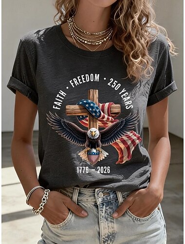  يوم الاستقلال الأمريكي نسائي تي شيرت طباعة الرسم العلم الأمريكي عتيق أنيق كلاسيكي كم قصير رقبة عالية مدورة قمصان عادية مناسب للبس اليومي عطلة نهاية الاسبوع أزرق أسود أبيض أحمر الصيف الربيع الخريف