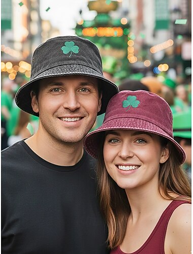  Dames katoenen bucket hat met een verweerde look en klaverborduurwerk, vintage gewassen, veelkleurige casual zonnehoed, zachte, ademende outdoor pet voor St. Patrick's Day en dagelijks gebruik.