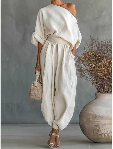  Per donna Set di biancheria in cotone Set di Pantaloni Bolero Manica Lunga Senza Spalle Semplice Arricciato Patchwork Elegante Moda Streetwear Casuale Quotidiano All'aperto Beige Estate Vestibilit