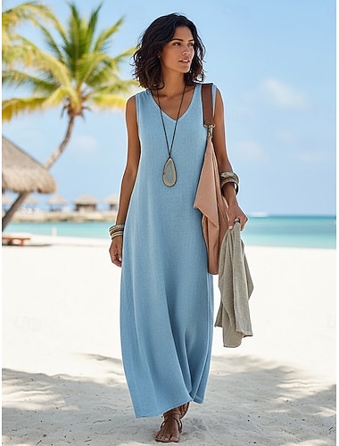 Robe maxi en lin comme du faux coton robe d'été évasée vacances décontractée en extérieur sortie coupe régulière couleur unie sans manches col en V bleu été printemps