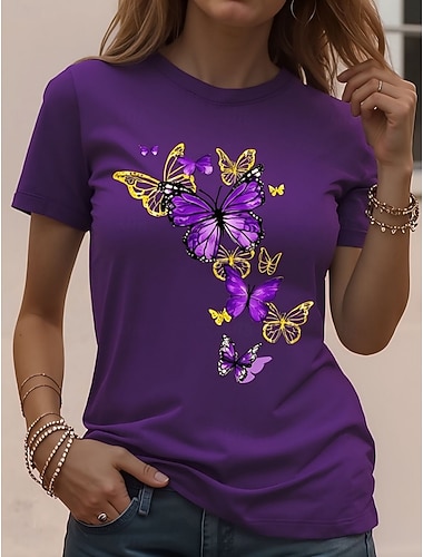  Dame T skjorte Trykt mønster Grafisk Dyr Sommerfugl Årgang Stilfull Klassisk Kortermet Crew-hals Rund hals Vanlige topper Daglig Helg Hvit Rosa Himmelblå Lys Lilla Lilla Sommer Vår Høst