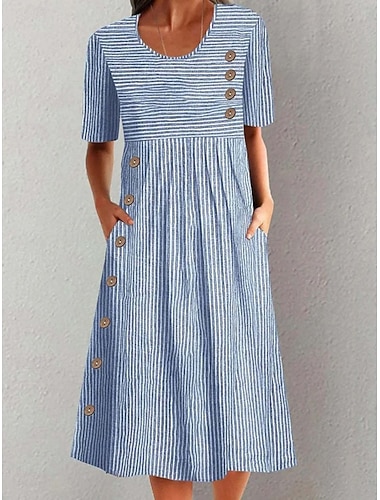  Per donna Abito Midi Vestito Casual Abito Estivo Elegante Moda Moderno All'aperto Vacanza Uscire Vestibilità regolare A righe Manica Corta Girocollo Blu Estate Primavera