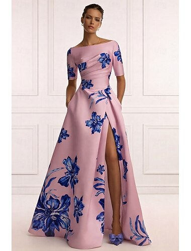  גזרת A עד הריצפה שמלות ערב שמלת נשף אלגנטית וינטאג' פרחוני חצי שרוול סירה רחב מסיבת חצר חתונה כיס סאטן עם הדפס פרחוני קפלים כיס