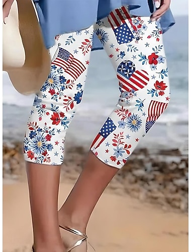  Itsenäisyyspäivä Patriotinen Naisten Capri-Housut Leggingsit Loma Hawaii Tyylikäs Capri Keskikorkea Housut Floral Graafinen Lippu Printti Mukavuus Venyy Ulkona Loma Virallinen Laivaston Valkoinen