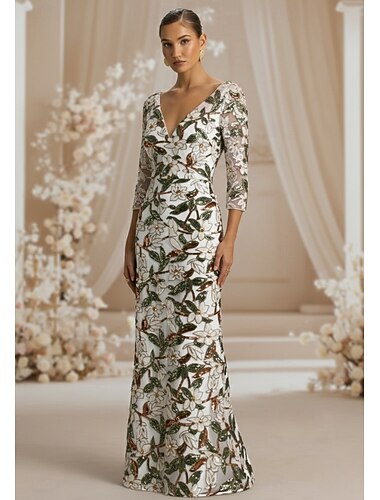  Schlauchkleid Bodenlang Abendkleid Elegant Glitzernd Glitzern Langarm V Ausschnitt Abendgesellschaft Hochzeit Tüll Paillettenbesetzt mit Blumenmuster Paillette Perlenbestickt