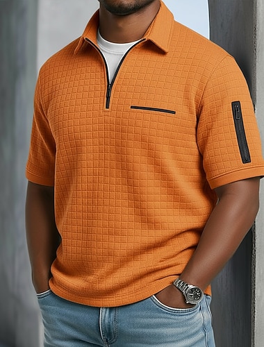  Per uomo Magliette Polo a Nido d'Ape Polo con zip a un quarto Casuale All'aperto Zip a un quarto Manica Corta Moda Moderno Tinta unica Lavorato a maglia Primavera & Autunno Tutte le stagioni