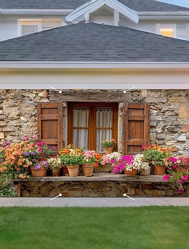  Rustikale Garagentorabdeckung für ein Steinhaus, 2D-Flachdruck mit farbenfrohen Blumenkästen &charmante Fensterlädendekoration