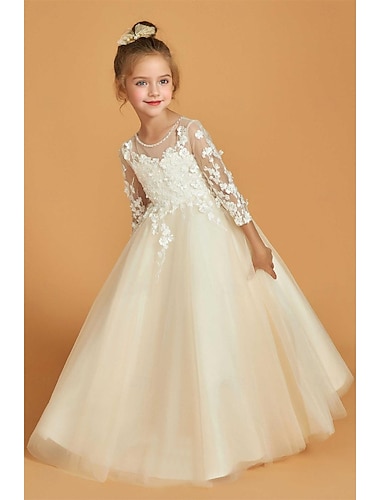  A-linje Gulvlengde Blomsterpikekjole Konfirmasjon Jenter Søt ballkjole Sateng med Appliqué Elegant Passer 3-16 år