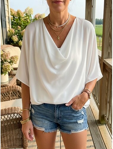  Γυναικεία Μπλούζα Ντυτές μπλούζες Σουρωτά Συμπαγές Χρώμα Σκέτο Κομψό Στυλάτο 3/4 Μήκος Μανικιού Μανίκι Νυχτερίδα Με σούρα στο λαιμό Κανονικά μπλουζάκια Καθημερινά Δουλειά