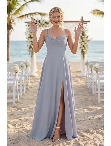  A-linje Brudepikekjole Kjæreste / Spagettistropper Ermeløs Elegant Gulvlengde Chiffon med Delt front / Ensfarget