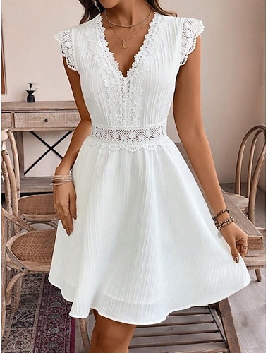 Damen Minikleid Spitzenkleid Weißes Kleid Elegant Mode Modern Outdoor Urlaub Ausgehen Normale Passform Einfach Kurzarm V Ausschnitt Schwarz Weiß Sommer Frühling