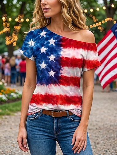  250e anniversaire des États-Unis Rétro Vintage Années 1980 T-shirt Une Epaule Manches courtes Drapeau des États-Unis Déguisement Femmes 4 Juillet Jour de l'indépendance Adulte T-shirt