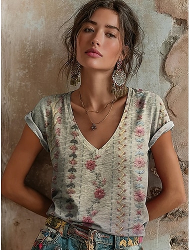  Dámské Tričko Tisk Květinový Grafika Graffiti Čechy Vinobraní Na běžné nošení Krátký rukáv Do V Běžné topy Denní Trávová zelená Šedá Léto Jaro