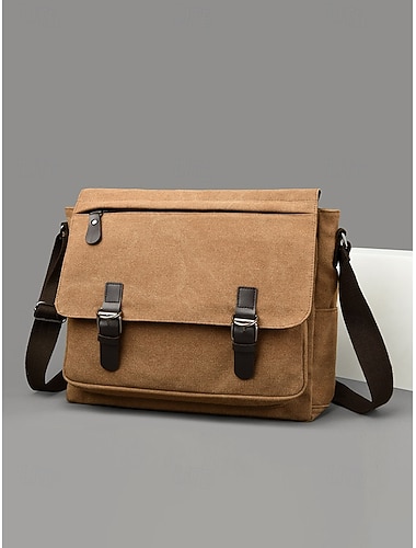  Herre messengerveske i lerret, flerfarget skulderveske med stor kapasitet, uformell laptopveske i vintage-stil for daglig pendling, utendørs fritid og kontorbruk