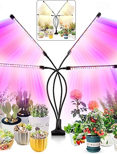  4-hodet klipsbar LED-plantelys, fullspektret rødt &blå, 80 lysdioder, 3/9/12 timer, 5v usb, justerbar for innendørs drivhus, sukkulenter, frøplanter, plantevekstlys