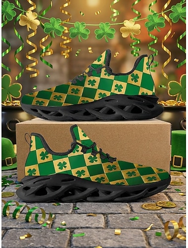 Herren-Sneaker mit Kleeblattmuster zum St. Patrick's Day – leichte Sportschuhe mit luftgepolsterter Plateausohle, grün &Goldfarbenes Design, ideal für Freizeitkleidung &Paraden