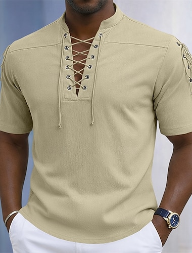  Per uomo Camicia Camicia casual Camicia con Bottoni Blu Nero Bianco Marrone Albicocca Manica Corta Tinta unica Semplice Colletto alla coreana Casuale Quotidiano Coulisse Abbigliamento Elegante Moda