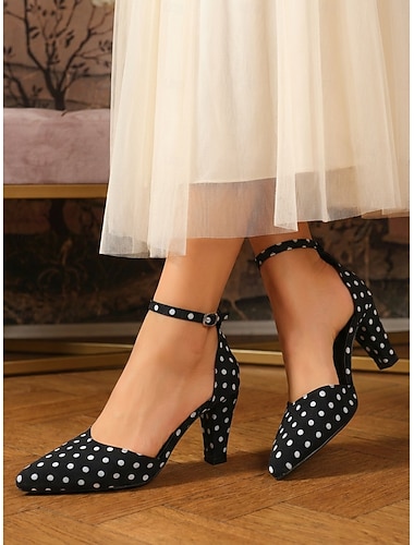  décolleté da donna a punta con pois bianchi e neri – eleganti scarpe d'Orsay con tacco medio e cinturino alla caviglia, stile anni '50, per lauree, feste ed eventi formali