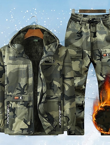 Homens Jaqueta de Trilha Casaco de lã Casaco de inverno Jaqueta Puffer Conjunto Térmico Algodão Inverno Outono Ao ar livre camuflagem Térmico / Quente A Prova de Vento Blusas Preto Verde