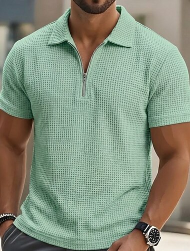  Miesten Vohveli poolopaidat Zip Polo Kausaliteetti Kunto Kauluskäänne Neljänneksen postinumero Lyhythihainen Muoti Lihas Yhtenäinen väri Tavallinen Vetoketju Kesä Kevät Ylisuuret Sininen Musta Viini