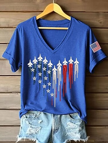  Día de la Independencia Camiseta Patriótica para Mujeres Impresión Gráfica Bandera Vintage Elegante Clásica de Manga Corta Sisa V Tops Regulares Diarios Azul Negro Rojo Verde Verano Primavera