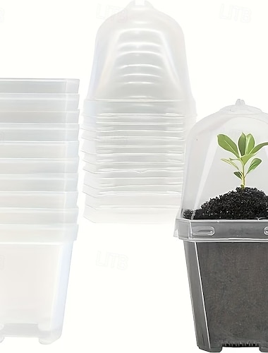  10 kpl läpinäkyviä taimiruukkuja kosteussuojalla, neliönmuotoisia muoviastioita kansilla ja pohjalla, hengittäviä ja lämpöä eristäviä, sopivia taimille, vihanneksille ja mehikasveille