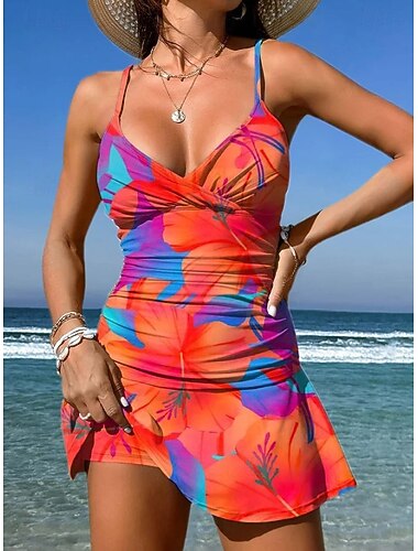  Dames Zwemkleding Een stukje Rok Zwempak Elegant Vakantie Bloemig Grafisch V-hals Mouwloos Badpakken