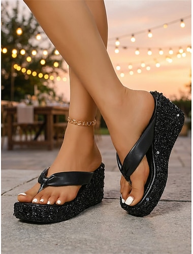  Sandales compensées dorées à paillettes pour femmes – confortables et à bout ouvert, idéales pour les soirées de vacances, les lunes de miel et les fêtes d'été.