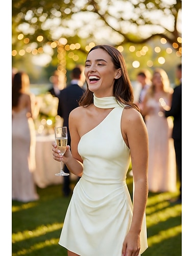  Linha A Curto Mini Vestido formal Vestido de noite Vestidos de baile Elegante Sem Manga Assimétrico Baile de Formatura Formal Cetim com Cor Única