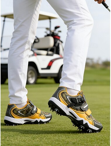  Chaussures de golf pour hommes, jaunes et noires, fermeture à scratch, confort amorti, semelle extérieure résistante, idéales pour les terrains de golf et les activités de plein air.