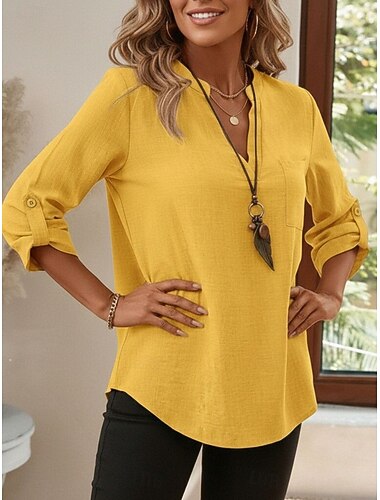  Damen Baumwoll-Leinen-Hemden Sommeroberteile Bluse Elegante Oberteile Gerafft Patchwork Tasche Einfarbig Einfach Elegant Vintage Damen Dreiviertelarm Hemdkragen Normale Oberteile Täglich Arbeit
