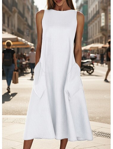  vestido midi feminino sem mangas bolsos casual silhueta em linha a decote redondo branco verão versátil ajuste regular confortável leve respirável roupas vestuário