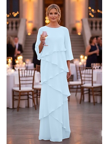  Fourreau Colonne Longueur au sol Robe d'invité de mariage Robe de Cérémonie Robe de soirée Robe de Mère de Mariée  Manche 3/4 Col ras du cou Élégant Formel Chiffon avec Volants