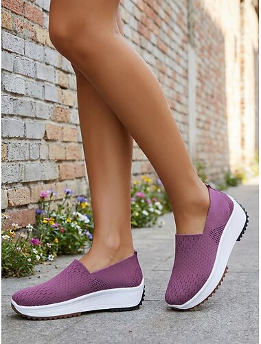  Paarse, ademende gebreide instapsneakers voor dames - lichtgewicht wandelschoenen voor dagelijks gebruik, reizen, werk, winkelen, fitness en alledaags dragen.