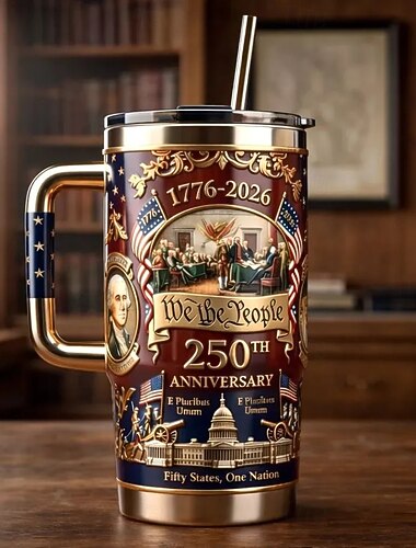  Herdenkingsbeker ter ere van het 250-jarig bestaan van de VS, met het ontwerp "We the People 1776-2026". Deze patriottische roestvrijstalen beker wordt geleverd met deksel en rietje en is een ideaal cadeau voor een veteraan voor Vaderdag.