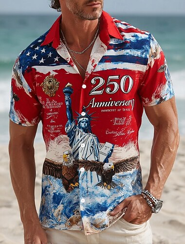  Homme 4 juillet, 250e anniversaire des États-Unis Statue de la Liberté Drapeau américain Chemise Chemise Boutonnée Manche Courte Patriotique Extérieur Fête Été Printemps Col Rabattu Impression 3D