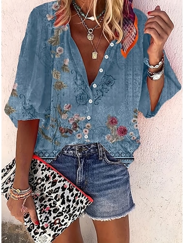  Dame Skjorte Trykt mønster Nyanse Blomstret Grafisk Bohem Årgang Daglig 3/4 ermer V-hals Vanlige topper Daglig Ferie Strand Klær Blå Gressgrønn Rosa Marineblå Lilla Sommer Vår Høst