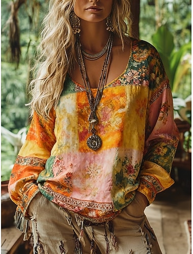  Damen Boho-T-Shirt T Shirt T-Shirt Druck Blumen Grafik Vintage Ethnisch Lässig Langarm V Ausschnitt Normale Oberteile Täglich Wochenende Urlaubskleidung Orange Sommer Frühling Herbst
