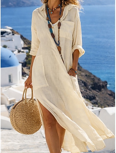  Damen Maxikleid 100% Baumwolle Shiftkleid Hemdblusenkleid Weißes Kleid Lässig Täglich Urlaub Lässiger Schnitt Einfach Dreiviertelarm V Ausschnitt Schwarz Weiß Rosa Marineblau Sommer Frühling