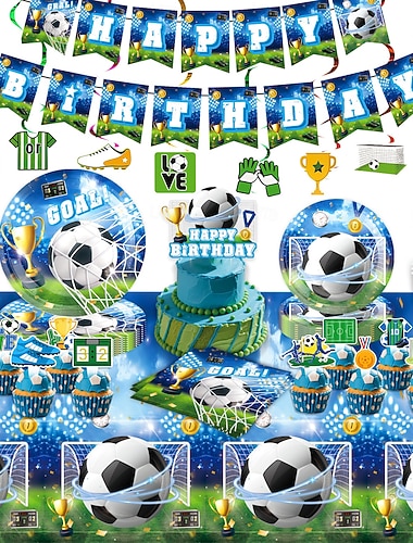  decorazioni per feste di calcio, set di forniture per feste di compleanno a tema calcio – comprende piatti, bicchieri, tovaglioli, tovaglia, striscione &decorazioni per torte, kit di stoviglie per