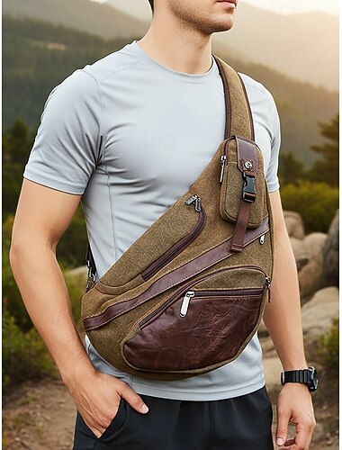  Pánská plátěná náprsní taška, velkokapacitní ležérní crossbody batoh, vintage outdoorový sportovní batoh přes rameno pro každodenní cestování, turistiku, cyklistiku, posilovnu, práci a běžné každodenní použití.