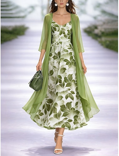  Damen Kleid-Set A Linie Kleid Elegant Urlaub Blumen Grafik Geschichtet Druck Midikleid Dreiviertelarm V Ausschnitt Täglich Urlaub Blau Purpur Grün Sommer Frühling Normale Passform