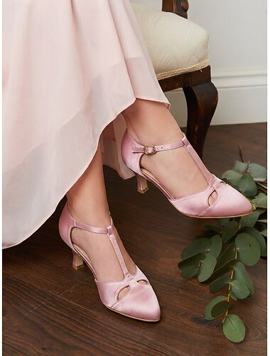  Kvinne Lilla Satin T-Stropp Hæler-Vintage Gatsby 1920-talls Inspirerte Lukkede Tå Danse Sko Bryllup Cocktail Fester og Formelle Arrangementer